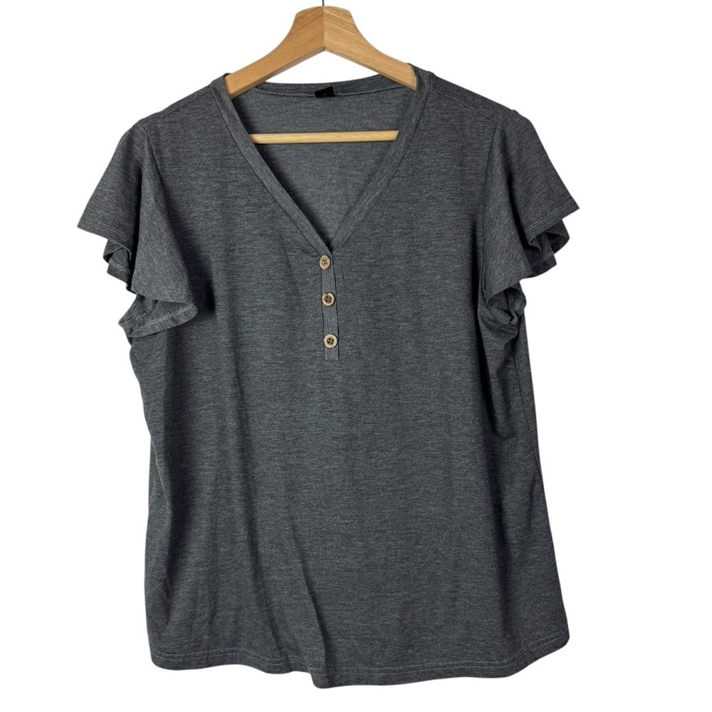Shein Gray Ruffle Sleeve Henley Short Sleeve Top L